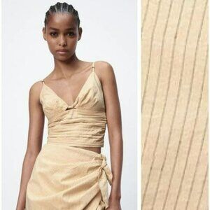 ZARA Tan Ribbed Striped‎ Crop Top  V-Neck Adjustable Straps Women’s Medium